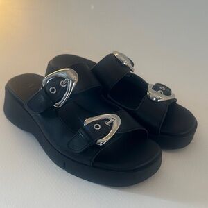 AEROSOLES Black Leather Platorms with Silver Buckles